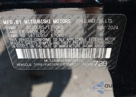 2024 Mitsubishi Mirage Es/Le from USA, damaged, VIN ML32AUHJ1RH036971